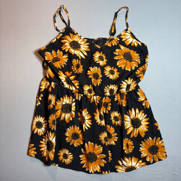 Shein Curve Tops - Shein Curve Sunflower Print Babydoll Cami Top Black Yellow Plus Size 3XL